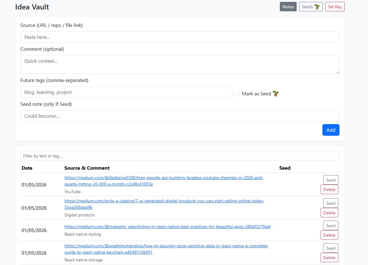 Ideas Vault interface with form and table view